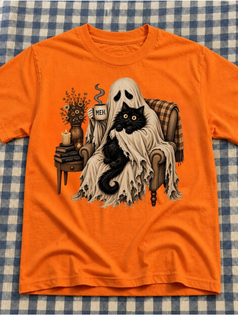 Orange Cat Ghost Graphic Tee, Vintage Ghost holding a Black Cat, Gift Halloween